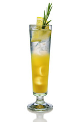 Cool citrus and rosemary cocktail in sling glass isolated on white