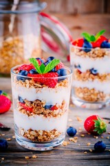 Yogurt parfait with granola,  strawberries and blueberries