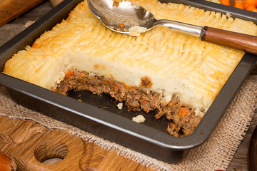 Shepherd's pie traditional english dish. Recipe with minced beef, lamb, carrot, onion, celery,...