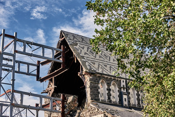 view of the Cathedral damaged nave with the steel structure preventing the rest of the stone body from a new collapse, after the 2011 earthquake.