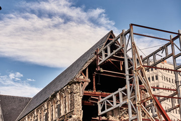 general view of the Cathedral damaged nave with the steel structure preventing the rest of the stone body from a new collapse, after the 2011 earthquake.