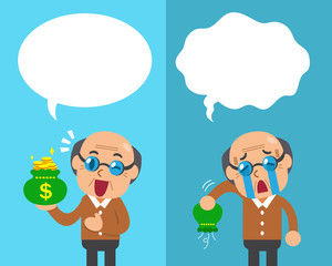 Cartoon senior man expressing different emotions with speech bubbles
