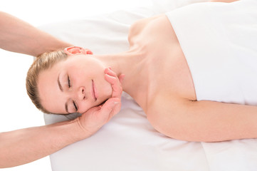 Fototapeta na wymiar Young woman having head massage close up