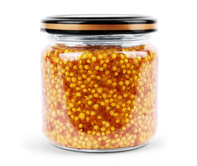 glass jar of Bavarian sweet mustard with mustard seed and caramel sugar syrup isolated on white