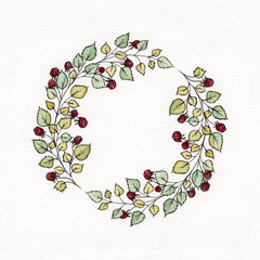 Watercolor wreath with leaves and berries of raspberries