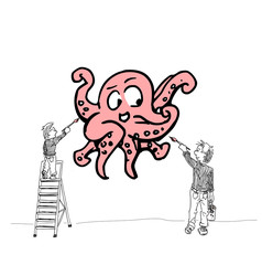 Vader en zoon schilderen een grote octopus