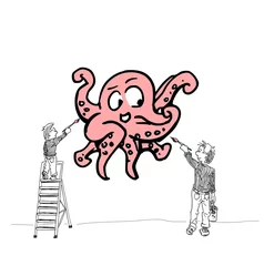 Tapeten Vader en zoon schilderen een grote octopus © emieldelange