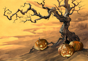 Halloween illustration of a big fantasy old crooked tree