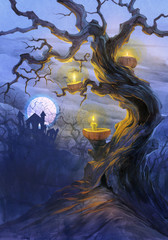 Halloween illustration of a big fantasy old crooked tree growing in a scary forest