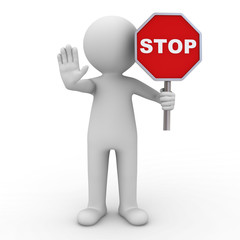 3d man showing stop gesture and holding stop sign over white background with shadow . 3D rendering.