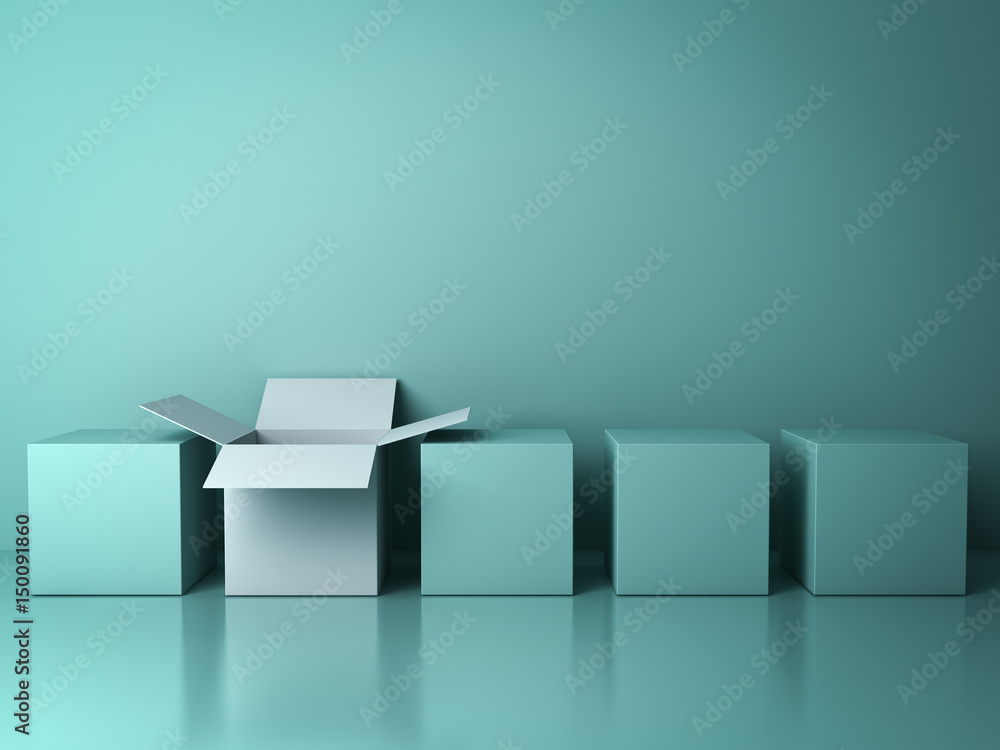 Poster Stand out from the crowd and different creative idea concepts , One white open box among closed green square boxes on green background in the row with reflections and shadows . 3D rendering.