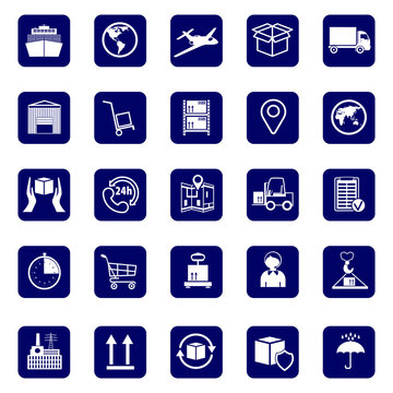 Logistics icons. Set icons transport and logistics.  Warehouse and shipping equipment. Stock vector. Flat design.