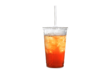 iced tea in plastic cup with straw white background