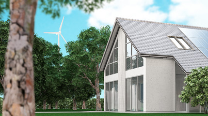 Casa c eco sostenibile con pannelli solari e pala eolica, 3d render