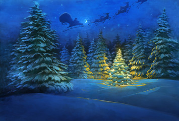 Beautiful digital Christmas illustration of a snowy winter countryside landscape with fir trees