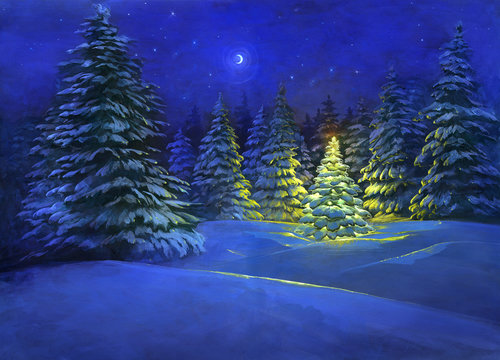 Beautiful digital Christmas illustration of a snowy winter countryside landscape with fir trees