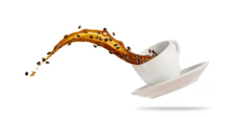 Fotobehang Porcelaine white cup with splashing coffee liquid isolated on white background. © Jag_cz