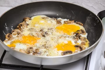 Printed kitchen splashbacks Fried eggs Fried eggs with mushrooms for a breakfast
