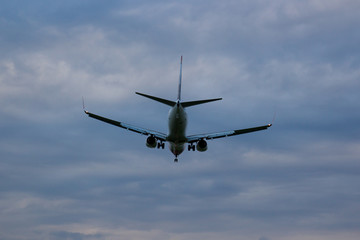Fototapeta na wymiar The plane lands at dusk