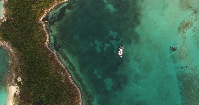Top View of Catamaran on a Coral Reef in Bahamas	