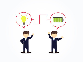 Cartoon working little people with charging battery power to team. Vector illustration for business design and infographic.