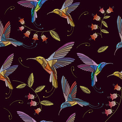 Fototapeta na wymiar Humming bird and summer flowers embroidery seamless pattern beautiful tropical birds of humming bird embroidery template seamless background pattern