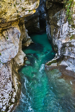 Detail of river Soca gorge in slovenian Alps, Slovenia