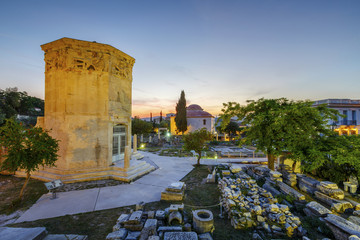 Tower of Winds and remains of Roman Agora in the old town of Athens, Greece. 
