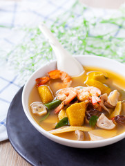 Thai Spicy Mixed Vegetable Soup with Prawns, Kang Liang Goong Sod, Traditional Thai food, selective focus