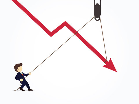 Businessman pulling a falling arrow graph chart from further dropping down. Vector illustration for business design and infographic.