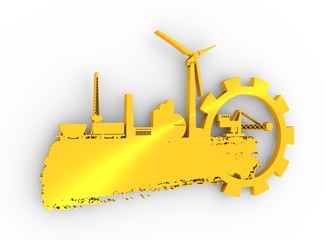 Energy and Power icons set and grunge brush stroke. Energy generation and heavy industry relative image. 3D rendering. Metallic material