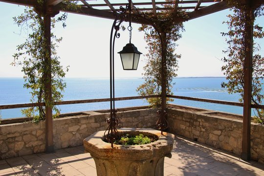 Terrace on Duino Castle, a fortification of the 14th century  in the Gulf of Trieste.  View of the adriatic sea.  Northeastern Italy, Europe.