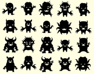 Set of funny halloween monsters in black silhouette