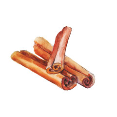 The national spice cinnamon on white background, watercolor illustration in hand-drawn style.