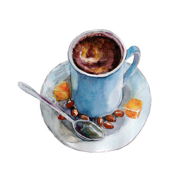 The coffee cup with coffee beans and spoon on white background, watercolor illustration in hand-drawn style.