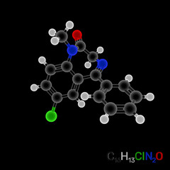 Diazepam (valium) model molecule. Isolated on black background.  Luminance effect.