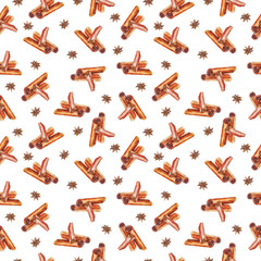 Watercolor seamless pattern with cinnamon and star aniseed tree. Watercolor illustration on white background. Seamless pattern can be used for wallpapers, web backgrounds, or textile.