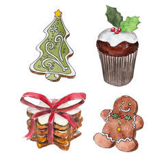 The set of christmas cookies isolated on white background, gingerbread, muffin watercolor illustration in hand-drawn style.