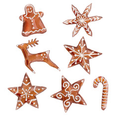 Fototapeta na wymiar The set of gingerbread cookies isolated on white background, gingerbread man, deer, stars and gingerbread candy cane symbol watercolor illustration in hand-drawn style.
