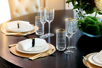 Table set on dinning table at home, Selective focus point