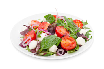Vegetable salad with mini mozzarella isolated on white