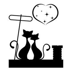 Romantic meeting of cats monochrome illustration.