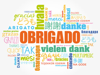 Obrigado (Thank You in Portuguese) Word Cloud background, all languages, multilingual for education or thanksgiving day