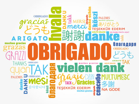 Obrigado (Thank You in Portuguese) Word Cloud background, all languages, multilingual for education or thanksgiving day