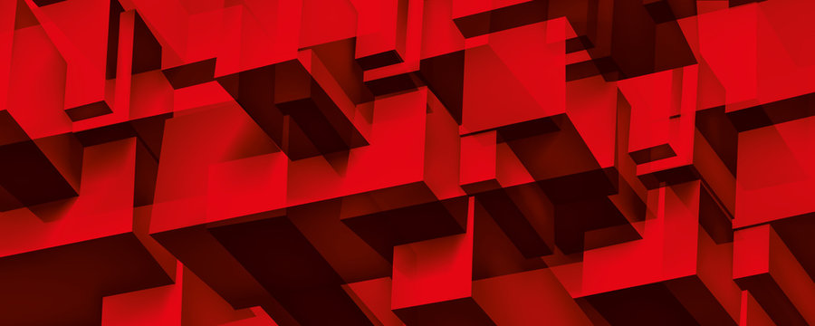 Volume geometric glass construction, 3d cubes red background, shapes mosaic, abstraction wallpaper, vector design for you presentation