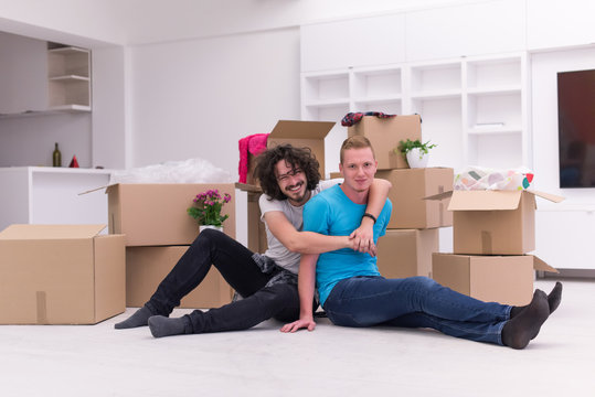 Young  Gay Couple Moving  In New House