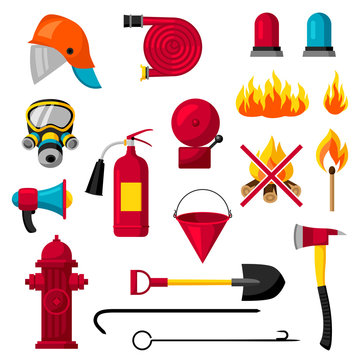 Set of firefighting items. Fire protection equipment
