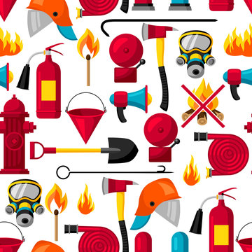 Seamless pattern with firefighting items. Fire protection equipment
