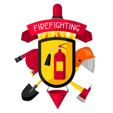 Badge with firefighting items. Fire protection equipment