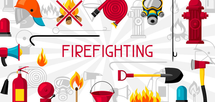 Banner with firefighting items. Fire protection equipment